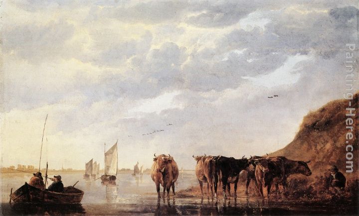 Herdsman with Five Cows by a River painting - Aelbert Cuyp Herdsman with Five Cows by a River art painting